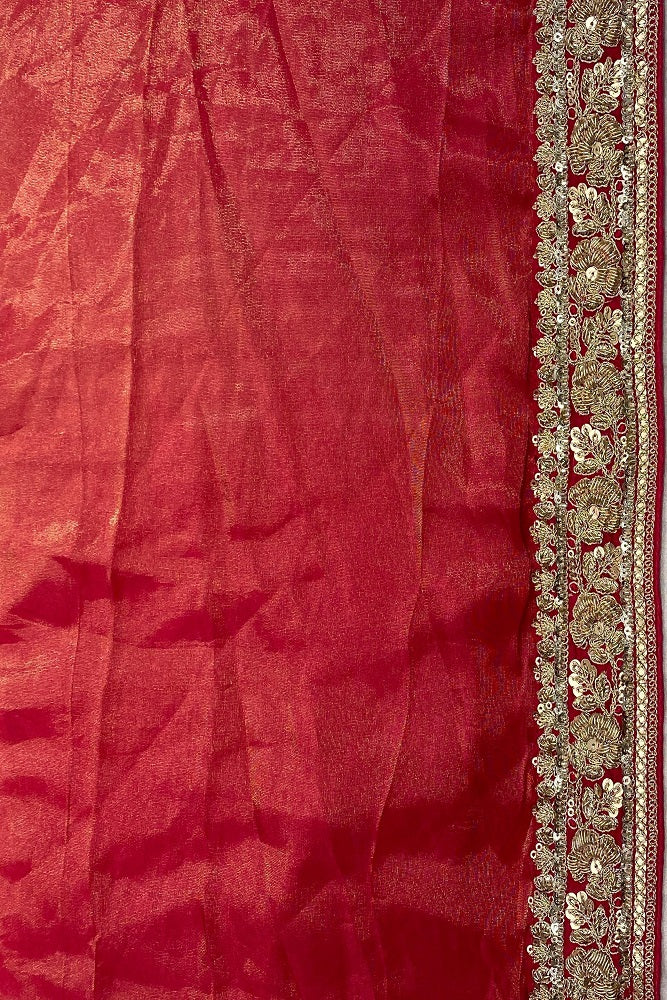 Red Banarasi Silk Saree With Embroidery Border Work, With Unstiched Blouse