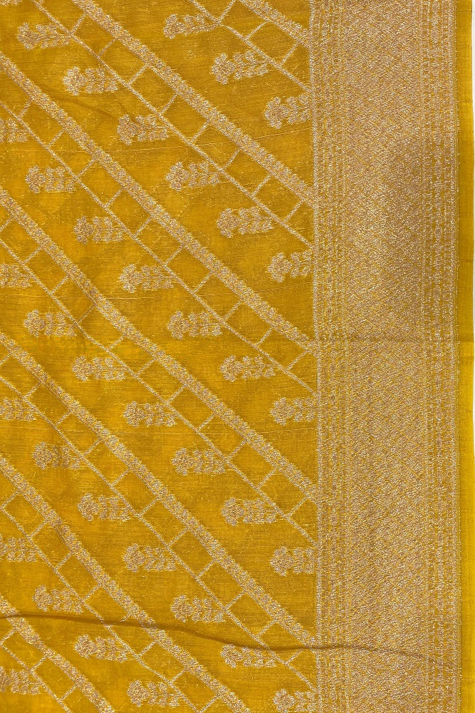 Mustard Yellow Brocade Chanderi Silk With Unstiched Blouse