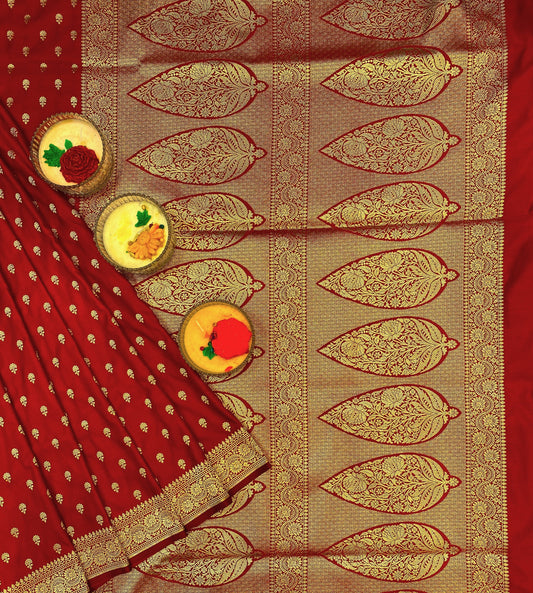 Cherry Red Semi Mashru Katan Silk Saree, With Unstiched Blouse