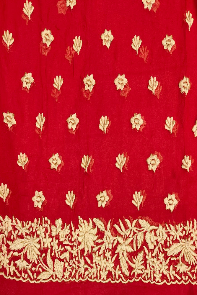 Red Georgette Saree With Parsi Work, With Unstiched Blouse