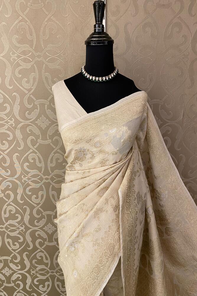 Off-White Tussar Khaddi Hand Weaving Saree, With Unstiched Blouse