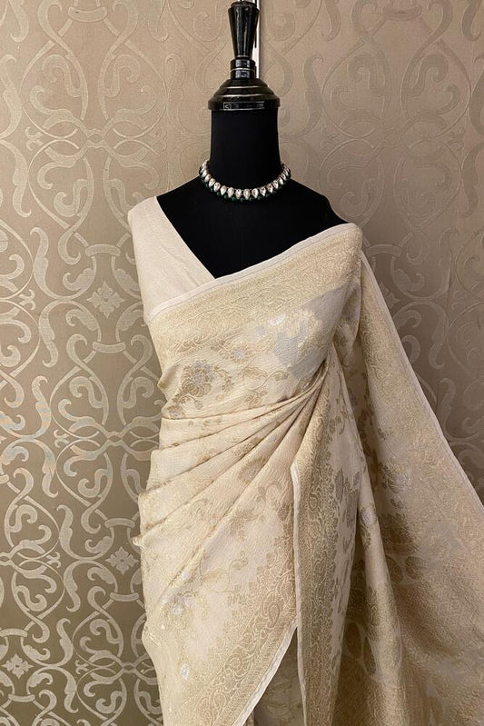 Off-White Tussar Khaddi Hand Weaving Saree, With Unstiched Blouse
