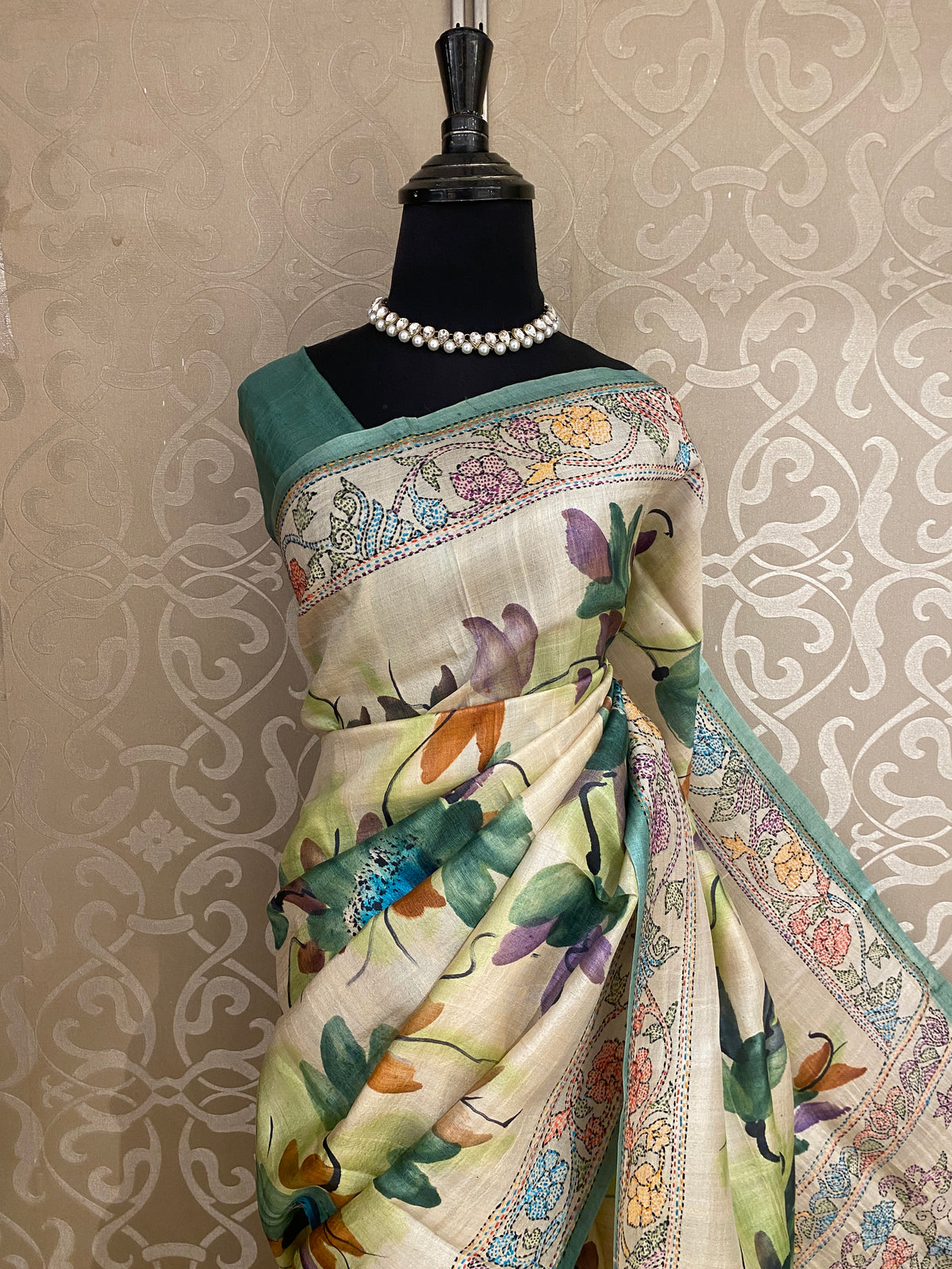 Off-White Tussar Hand Print Kantha Work Border Saree, With Unstitched Blouse