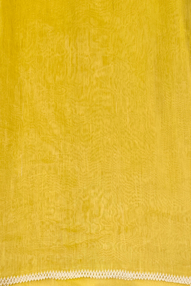 Off-White & Yellow Linen Embroidery Saree, With Unstiched Blouse