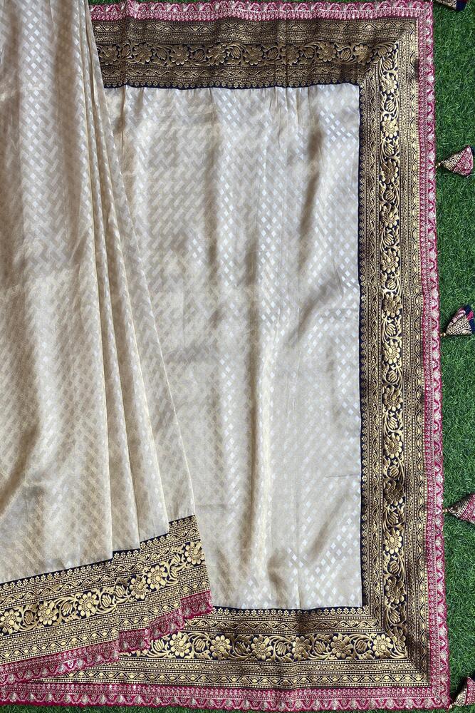 Off-White Gold Tissue Khaddi With Embroidery Border Saree, With Unstiched Blouse