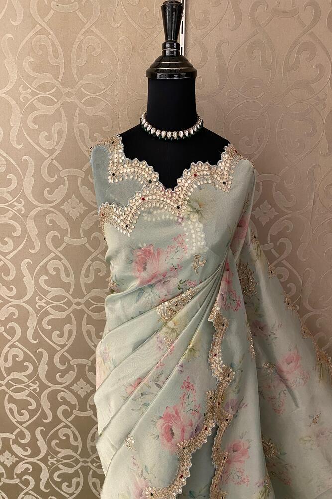 Soft Firozi Blue Soft Tissue Silk Embroidery Saree With Unstiched Blouse