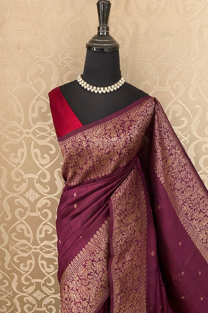 Wine Pure Raw Tussar Banarasi Silk Saree, Hand Woven Motifs With Unstiched Blouse