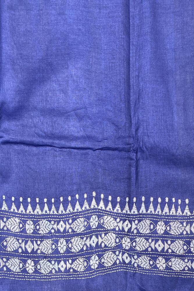 Indigo Blue Tussar Embroidery Saree With Kantha Work Border, With Unstitched Blouse