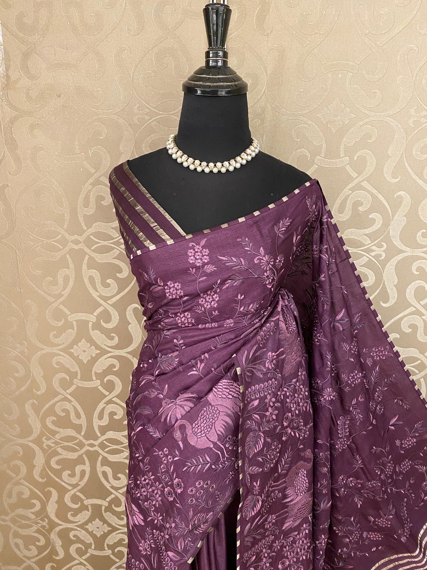 Dark Purple Tussar Embroidery Saree With Parsi Work, With Unstitched Blouse