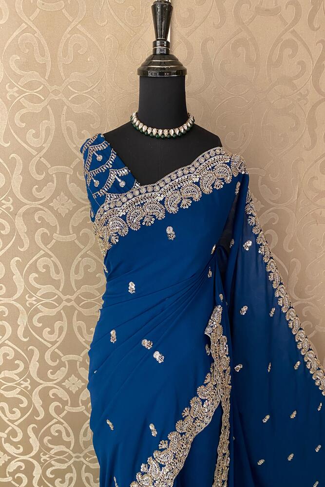 Indigo Blue Georgette Embroidery Work Saree, With Unstiched Blouse