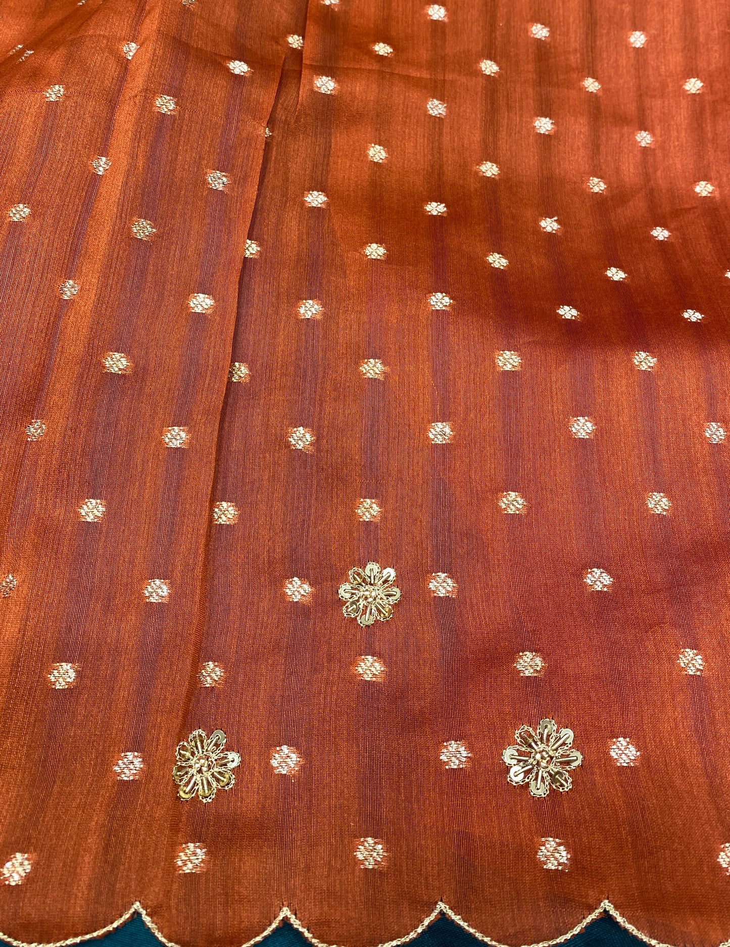 Burnt Orange Organza Saree With Ari Work, With Unstitched Blouse