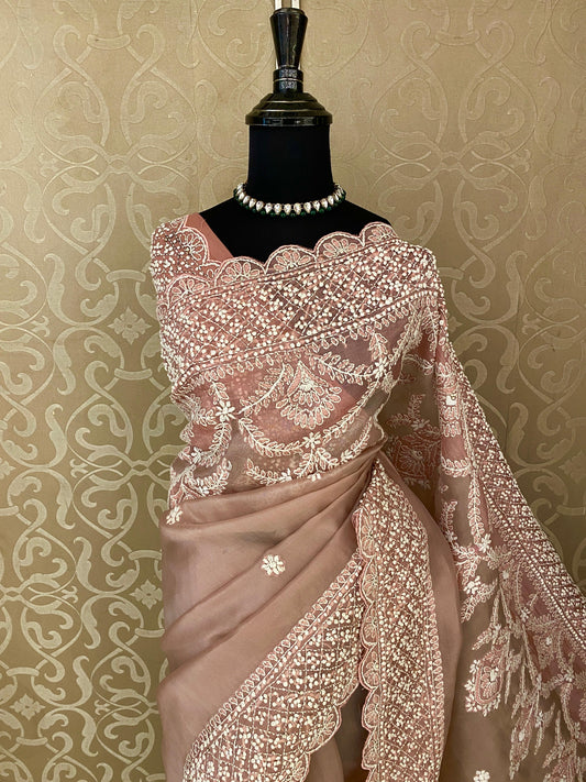 Mauve Organza Silk Hand Embroidery Saree, With Unstiched Blouse