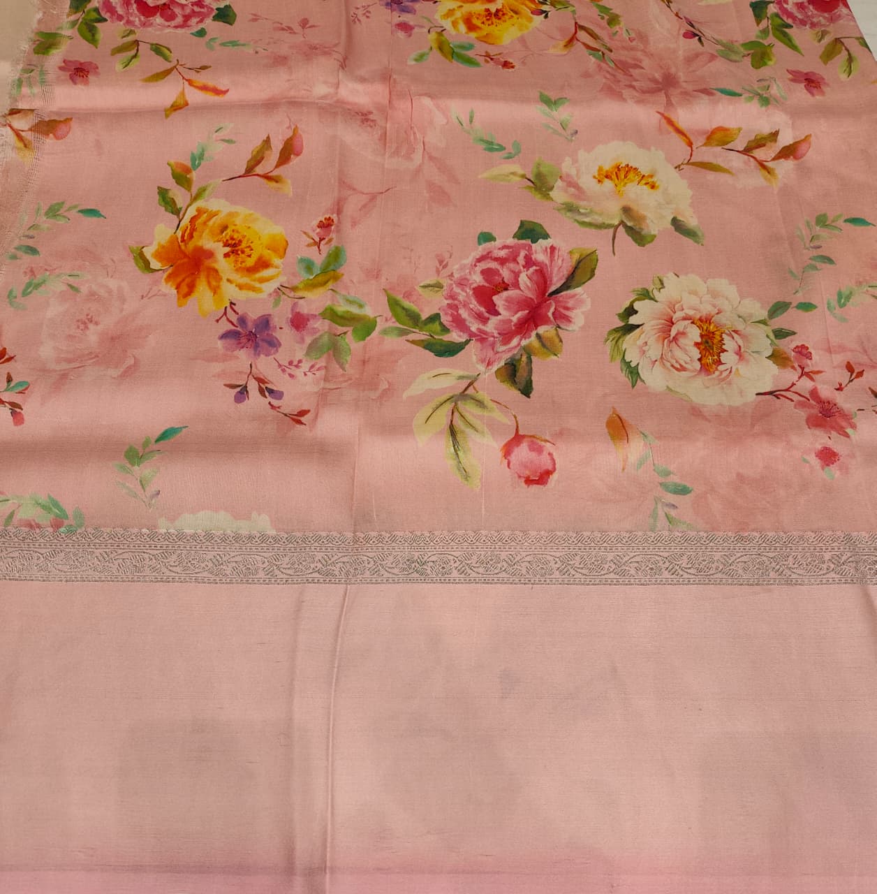 Peach Pink Tussar Banarasi Saree With Digital Mashru Border Print, With Unstiched Blouse
