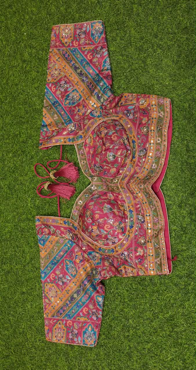 Magenta & Multi Crepe Printed Stone Work Saree, With Readymade Blouse