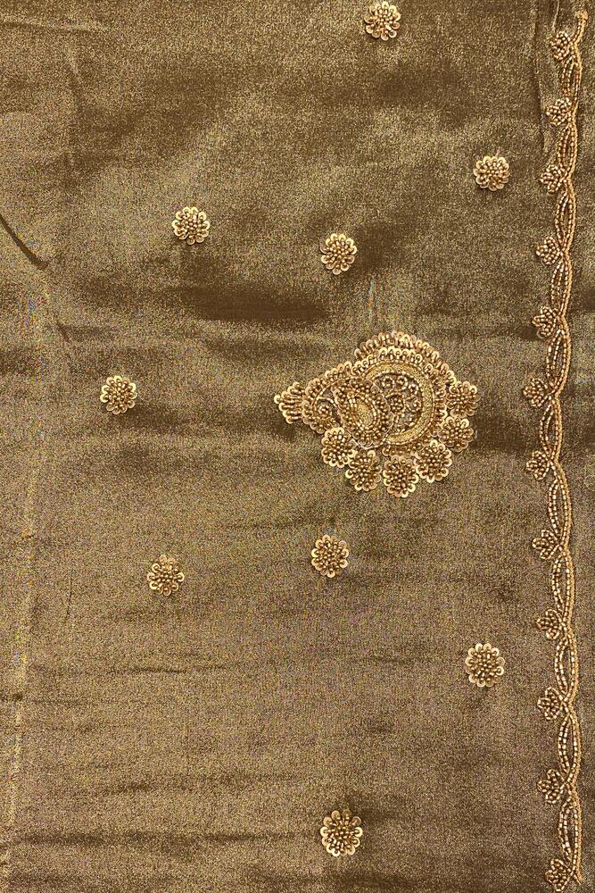 Golden Olive Green Tissue Silk Embroidery Saree, With Unstiched Blouse