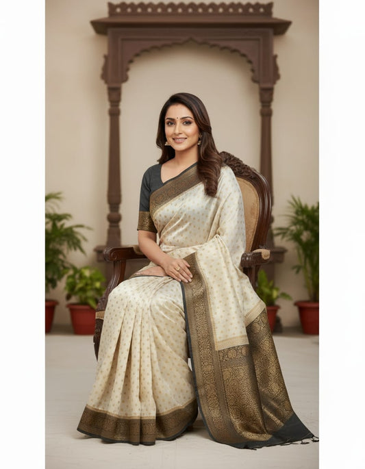 Off-White Munga Banarasi silk saree by Saarang Sarees with intricate gold patterns and an unstiched matching blouse for traditional wear.