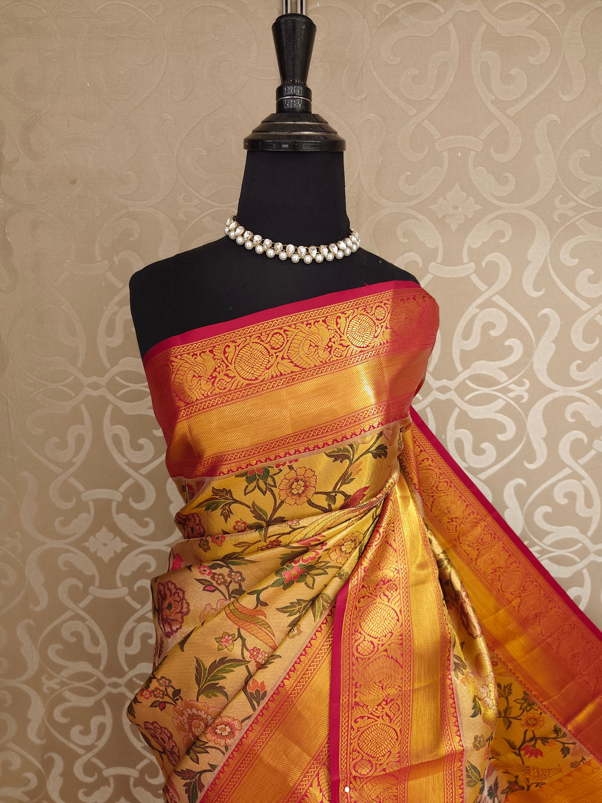 Golden Pure Kanjeevaram Silk Saree, With Unstiched Blouse