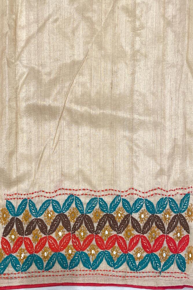 Mustard Yellow Tussar Embroidery Saree With Kathiawari Work Border, With Unstitched Blouse