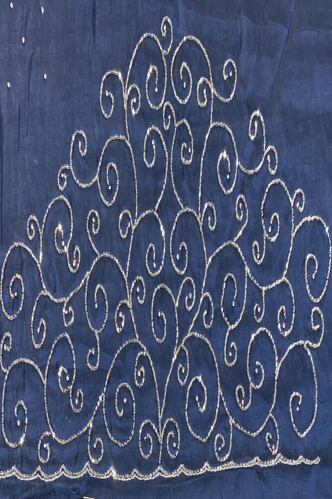 Navy blue soft organza silk saree with intricate embroidery and unstiched blouse for party wear, by Saarang Sarees.