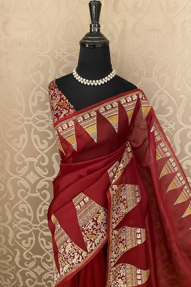 Red Organza Printed Saree With Pita Zari Border, With Unstiched Blouse