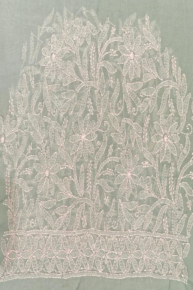 Sky blue cotton Chikankari saree with unstiched blouse, perfect for party wear, by Saarang Sarees.