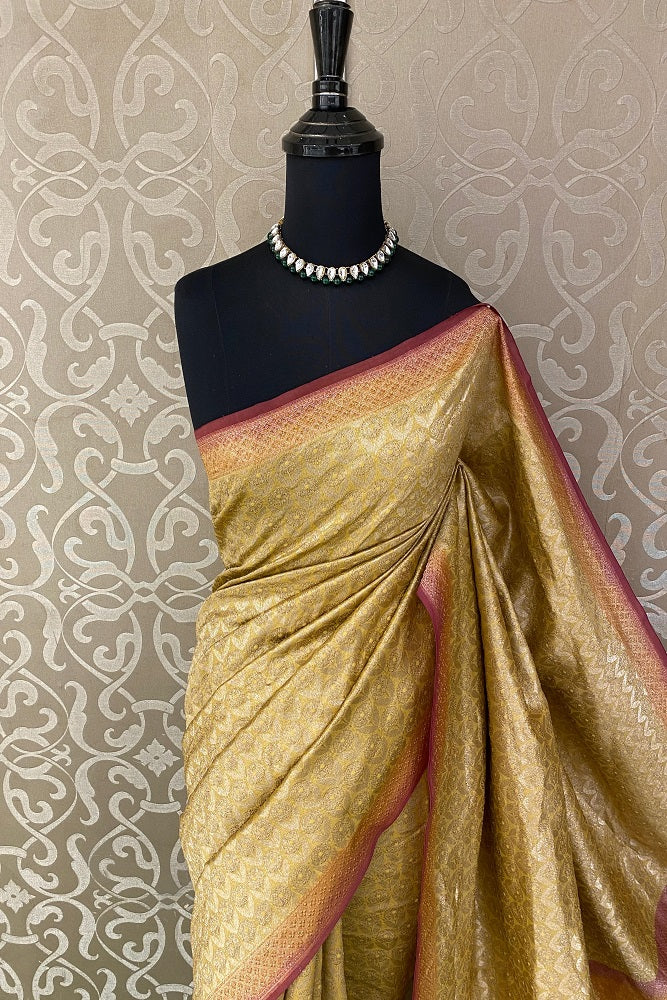 Golden & Red Brocade Chanderi Silk With Unstiched Blouse
