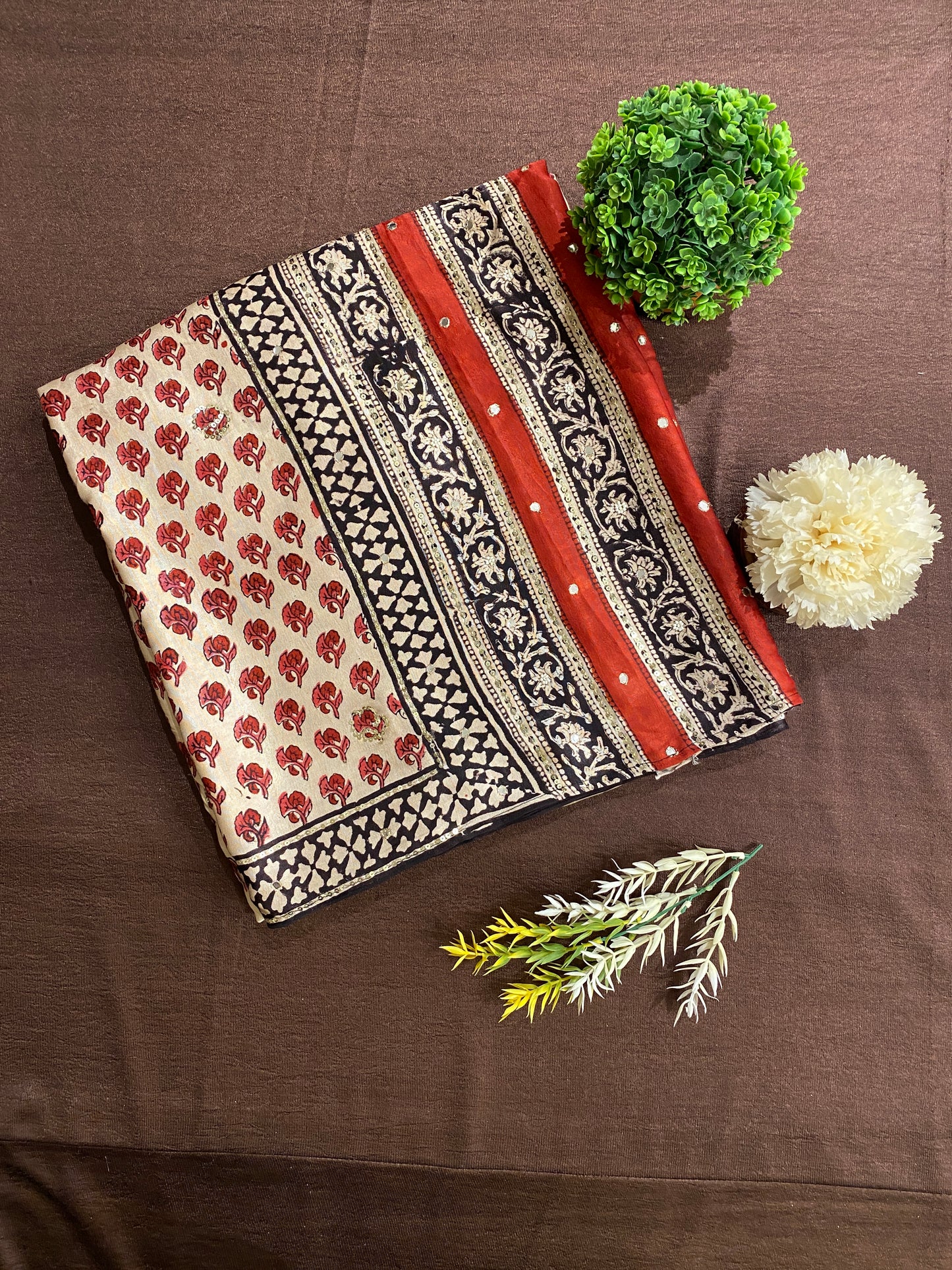 Off-White Pure Modal Silk Ajrakh Printed Saree With Unstiched Blouse