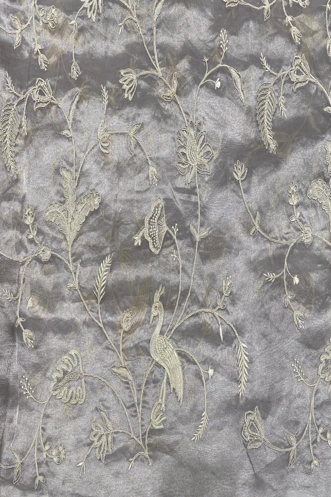 Grey organza silk embroidery saree with unstiched blouse, elegant party wear by Saarang Sarees, detailed embroidery and lightweight fabric.