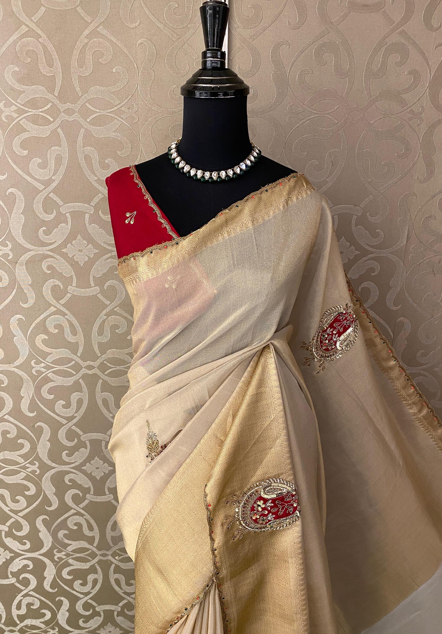 Offwhite Tissue Silk Embroidery Saree, With Unstiched Blouse