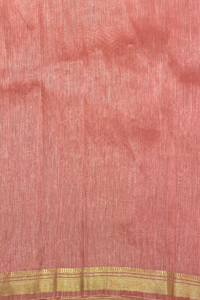Peach pink pure linen Kashmiri work saree with unstiched blouse, traditional wear by Saarang Sarees, displayed on a mannequin.