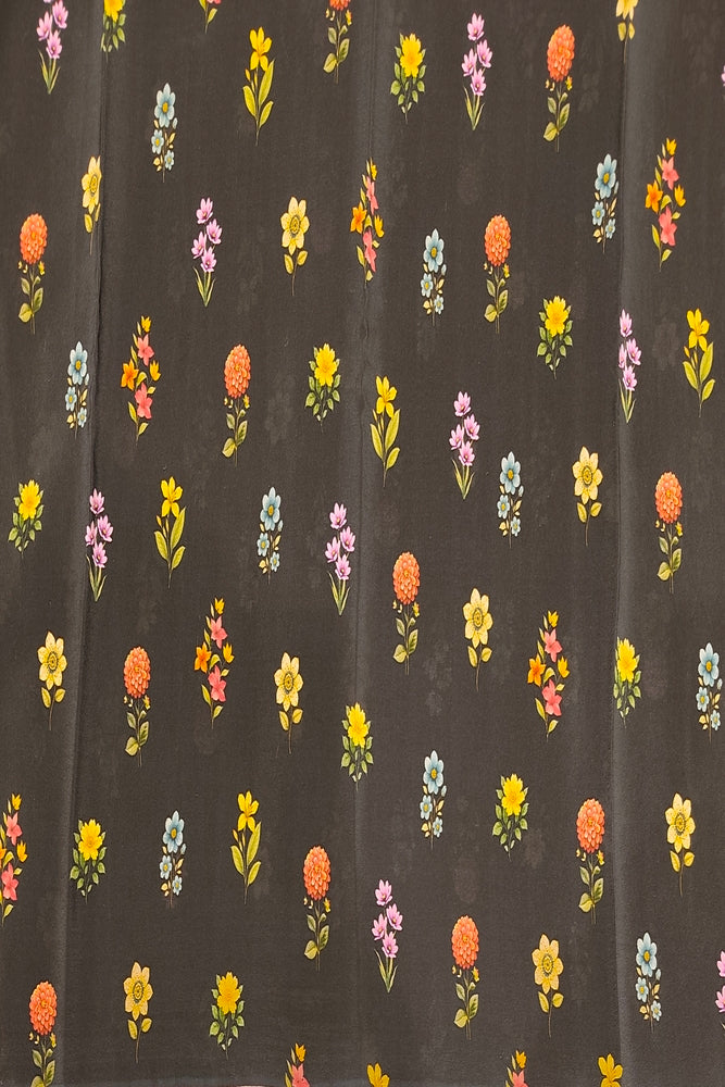 Black Floral Printed Chiffon Saree, With Unstiched Blouse Piece