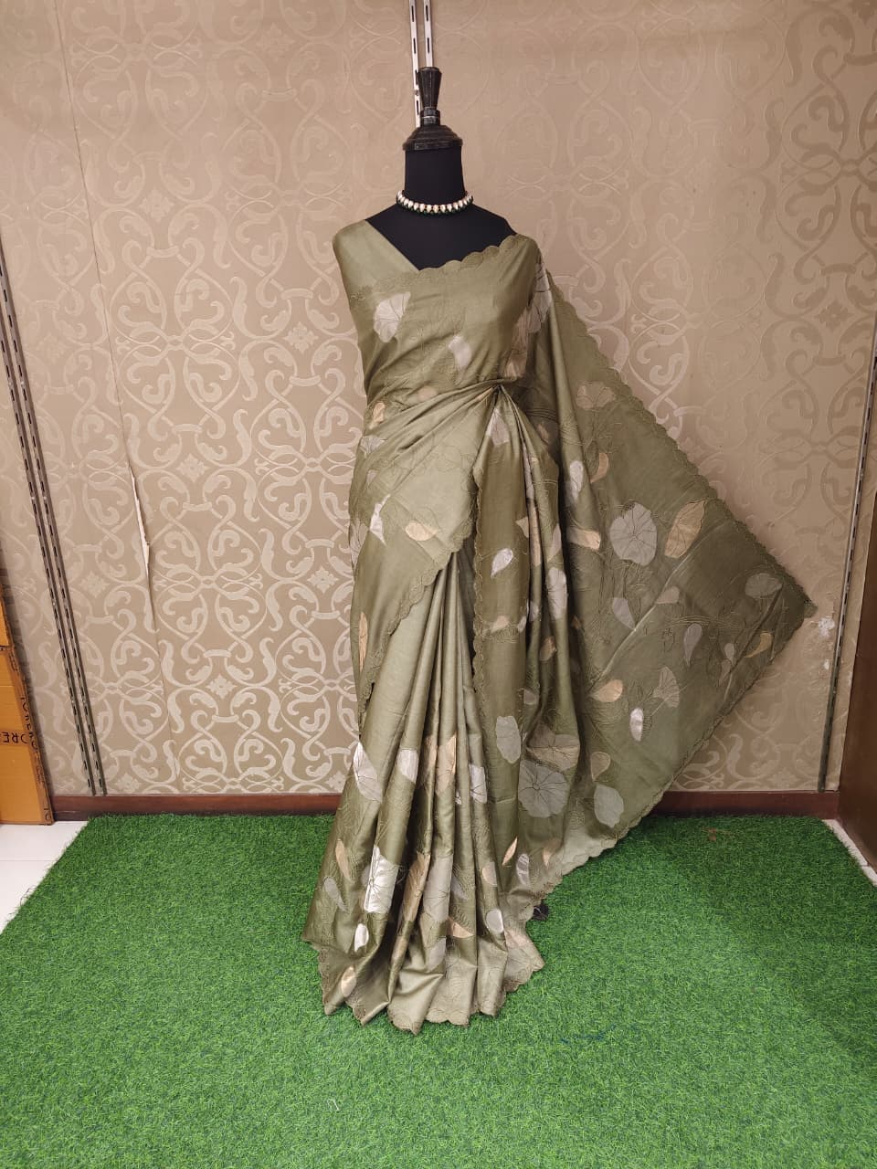 Olive Green Tussar Applique Work Saree, With Unstiched Blouse