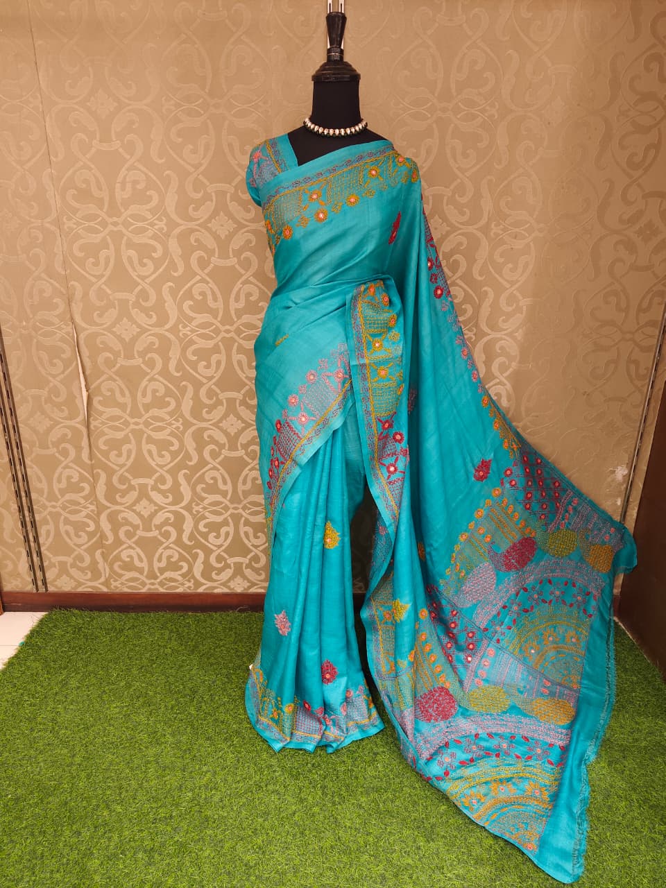 Sea Green Tussar Embroidery Saree With Lambani Work Border, With Unstitched Blouse
