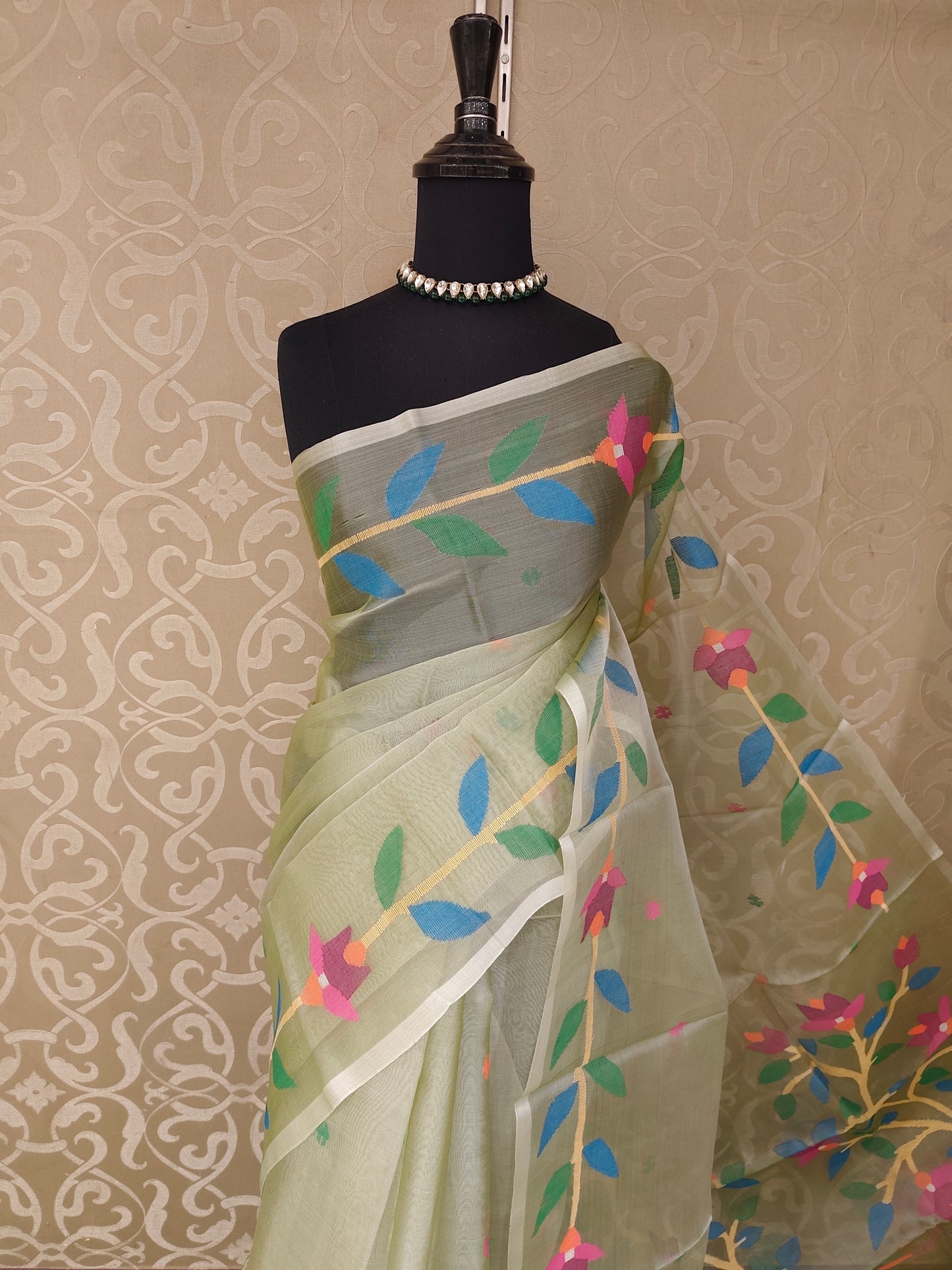 Light Pista Green Muslin Dhakai Saree, Without Blouse