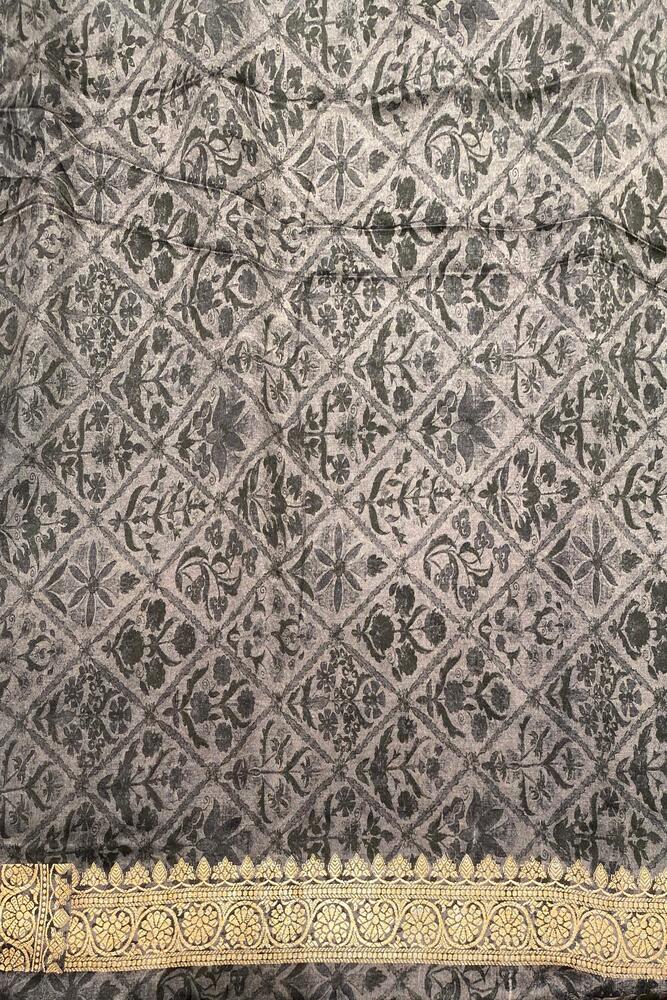 Black Mashru Silk Printed Banarasi Handloom Saree, With Unstiched Blouse