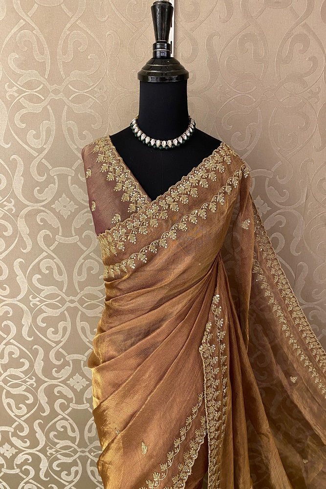 Brown Tissue Embroidery Saree, With Unstiched Blouse