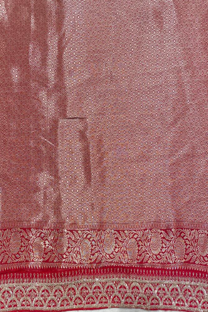 Red Banarasi Silk Saree With Zardosi Embroidery Work, With Unstiched Blouse