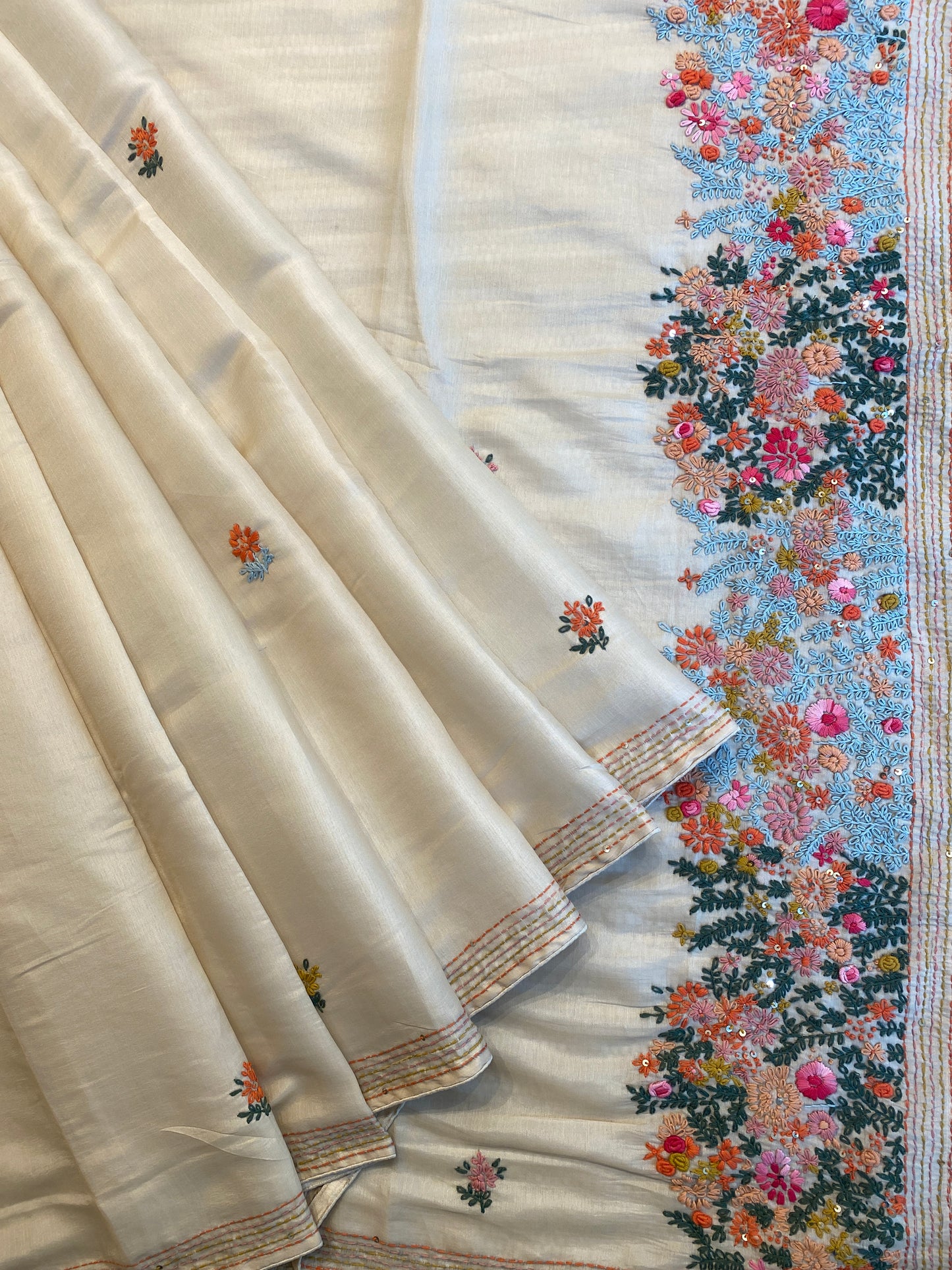 Off-White Semi Munga Silk French Knot Hand Embroidery Work Saree, With Unstiched Blouse