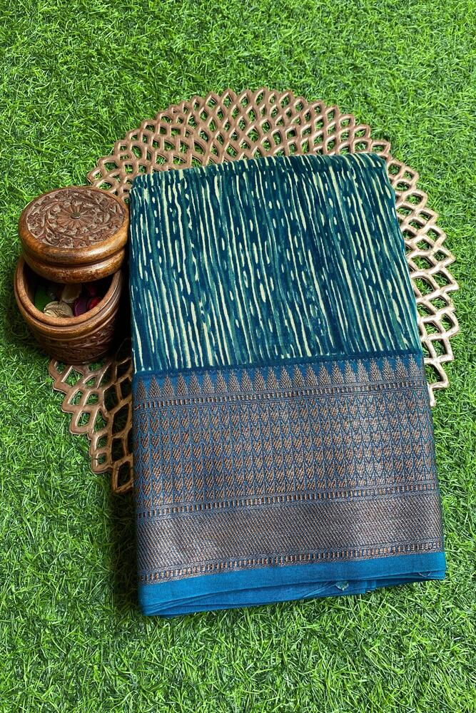 Blue cotton Chanderi saree with traditional design and matching unstiched blouse from Saarang Sarees.