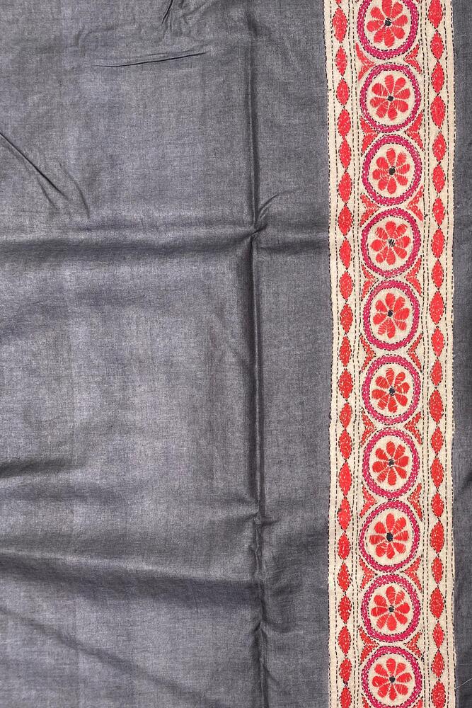 Magenta Tussar embroidery saree with Kantha work border and unstitched blouse from Saarang Sarees, traditional Indian attire.