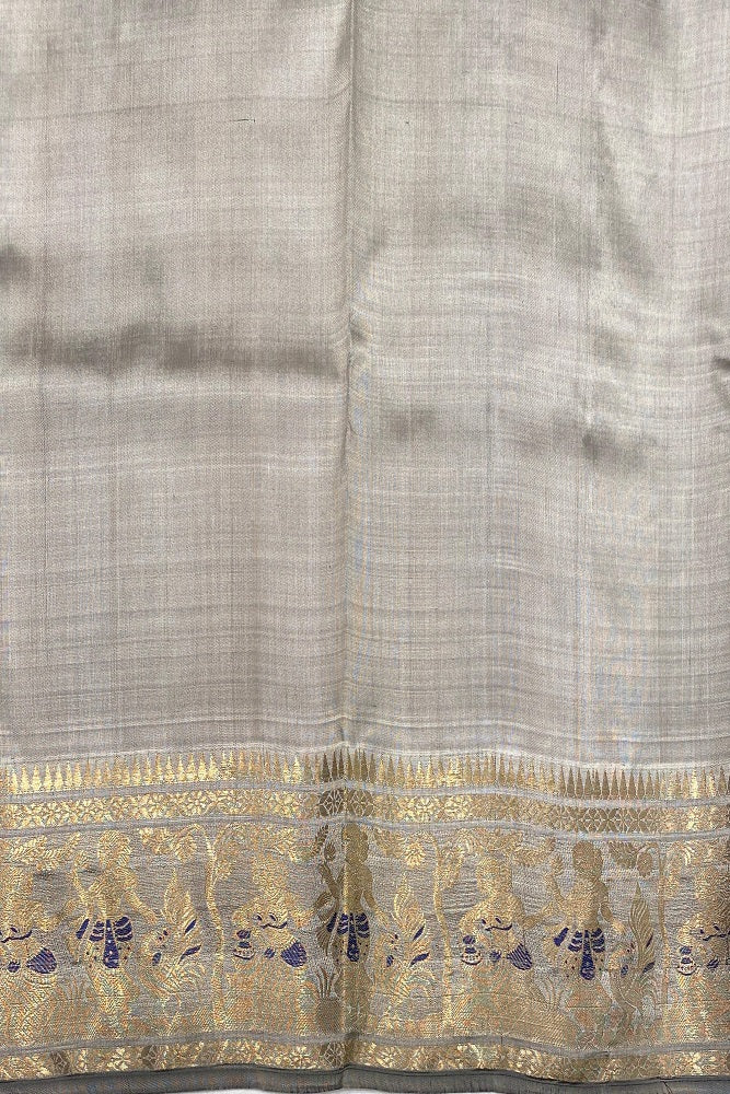 Grey Hand Woven Baluchari Silk Saree, With Unstihed Blouse