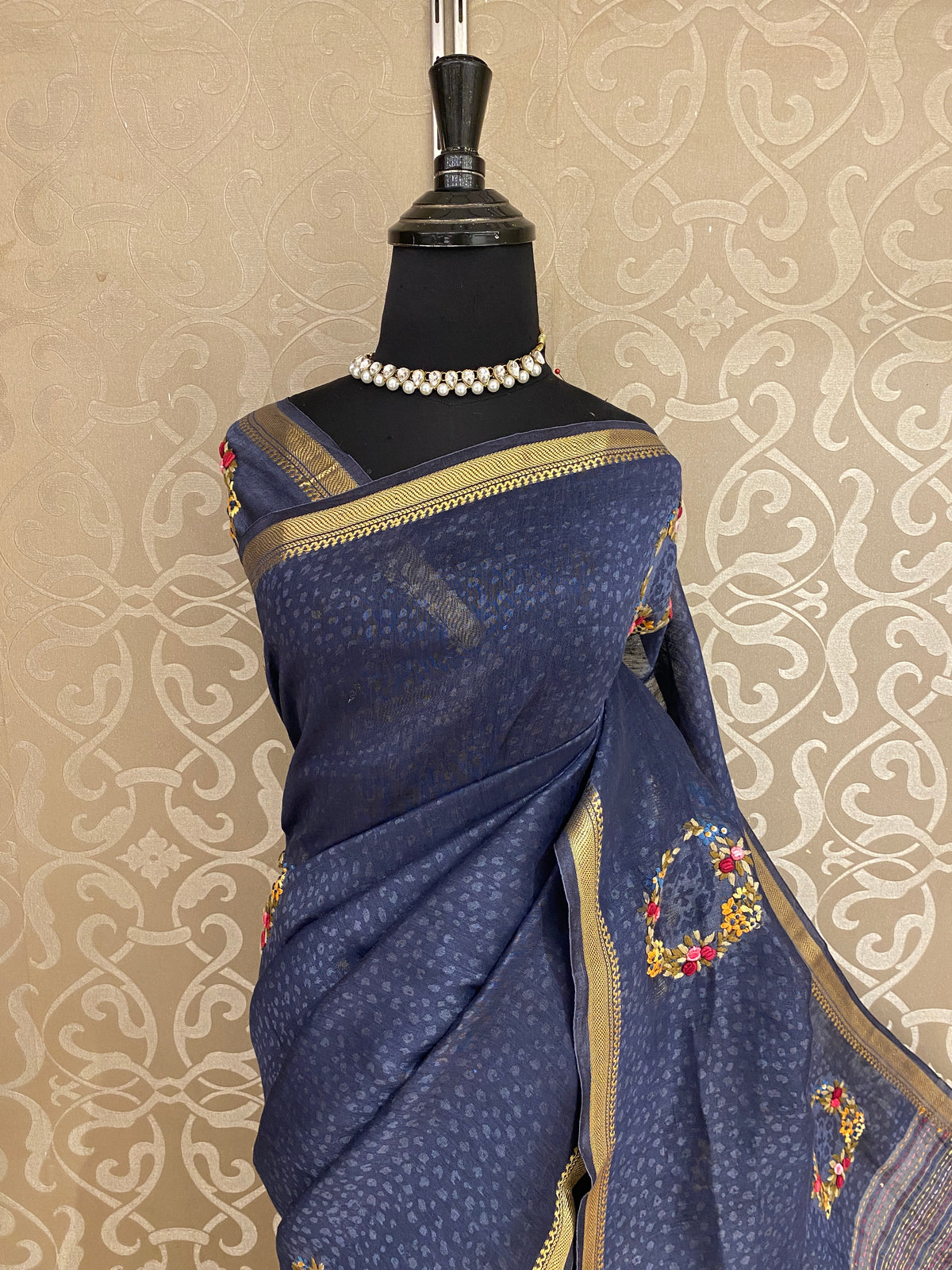 Navy Blue Linen Silk Saree Hand Embroidered Work, With Unstiched Blouse