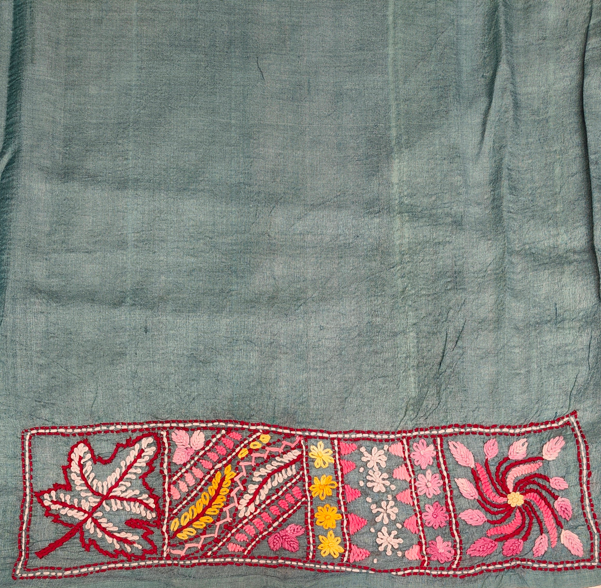 Powder Blue Tussar Hand Embroidery Saree, With Unstitched Blouse
