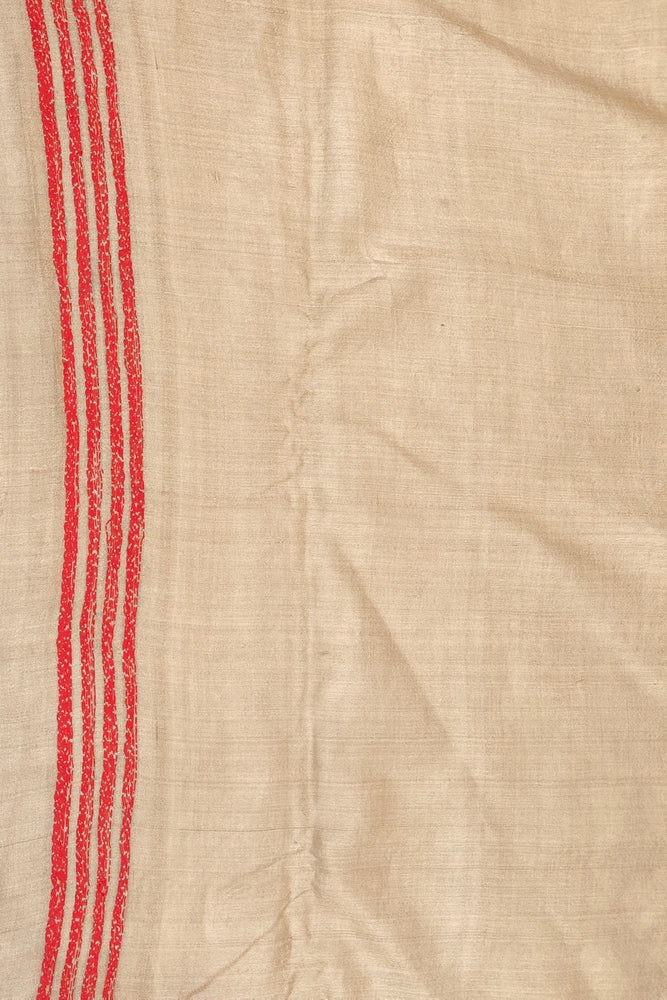 Beige & Red Tussar Embroidery Saree With Kantha Work Border, With Unstitched Blouse
