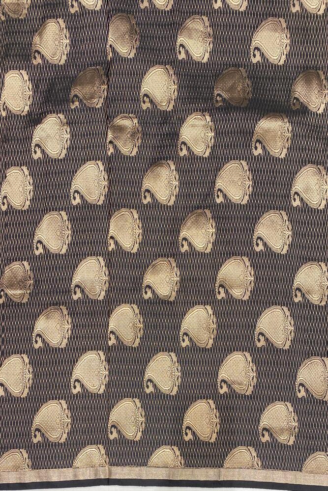 Black Katan Mashru Silk Banarasi Saree with intricate gold zari work and matching unstitched blouse, traditional handloom wear from Saarang Sarees.