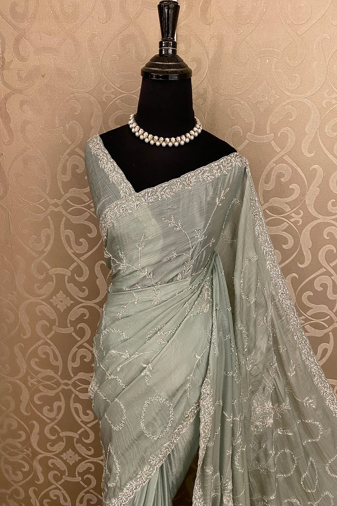 Mint Crepe Silk Saree With Embroidery Work, With Unstitched Blouse