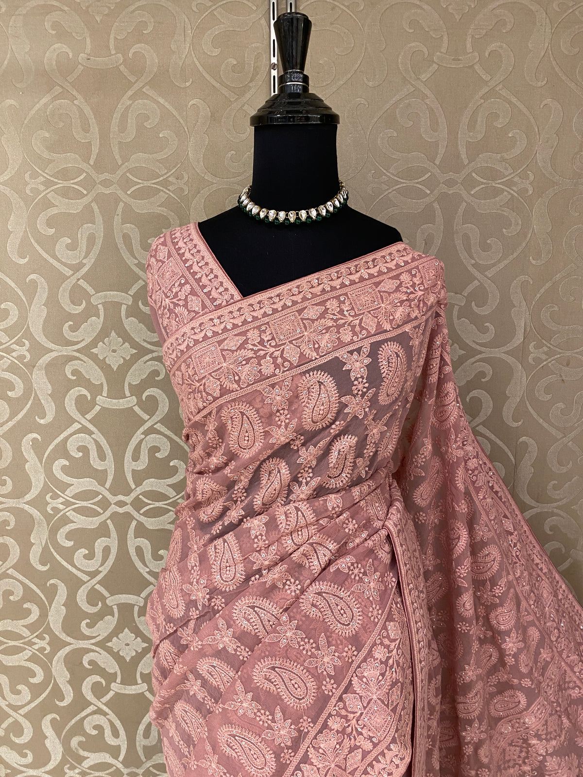 Mauve Georgette Chikankari Embroidery Saree, With Unstitched Blouse