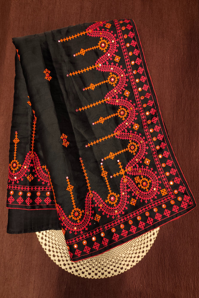 Black Semi Munga Silk Cross Stitch Work Saree, With Unstiched Blouse