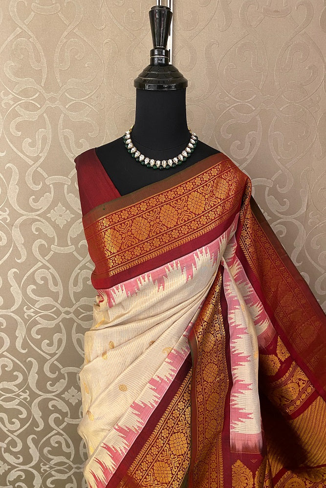 Offwhite Gadwal Silk Saree With Unstiched Contrast Blouse