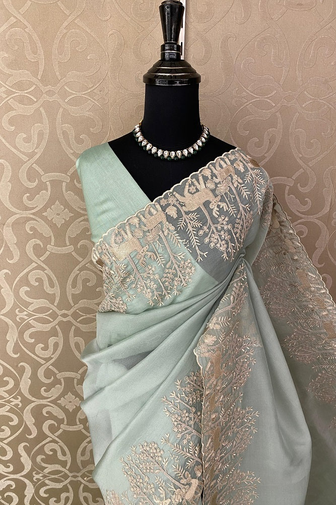 Mint Blue Organza Silk Resham Embroidery Saree, With Unstiched Blouse